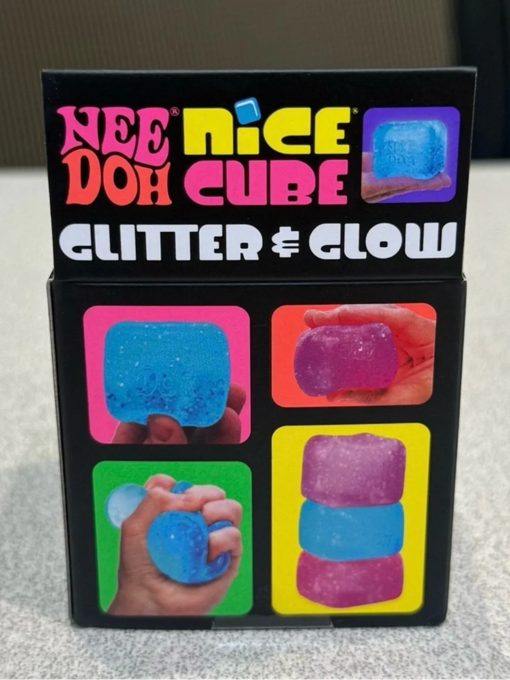 NeeDoh BLUE Glitter & Glow Nice Cube Super Solid Squish Stress Reliever Squishy
